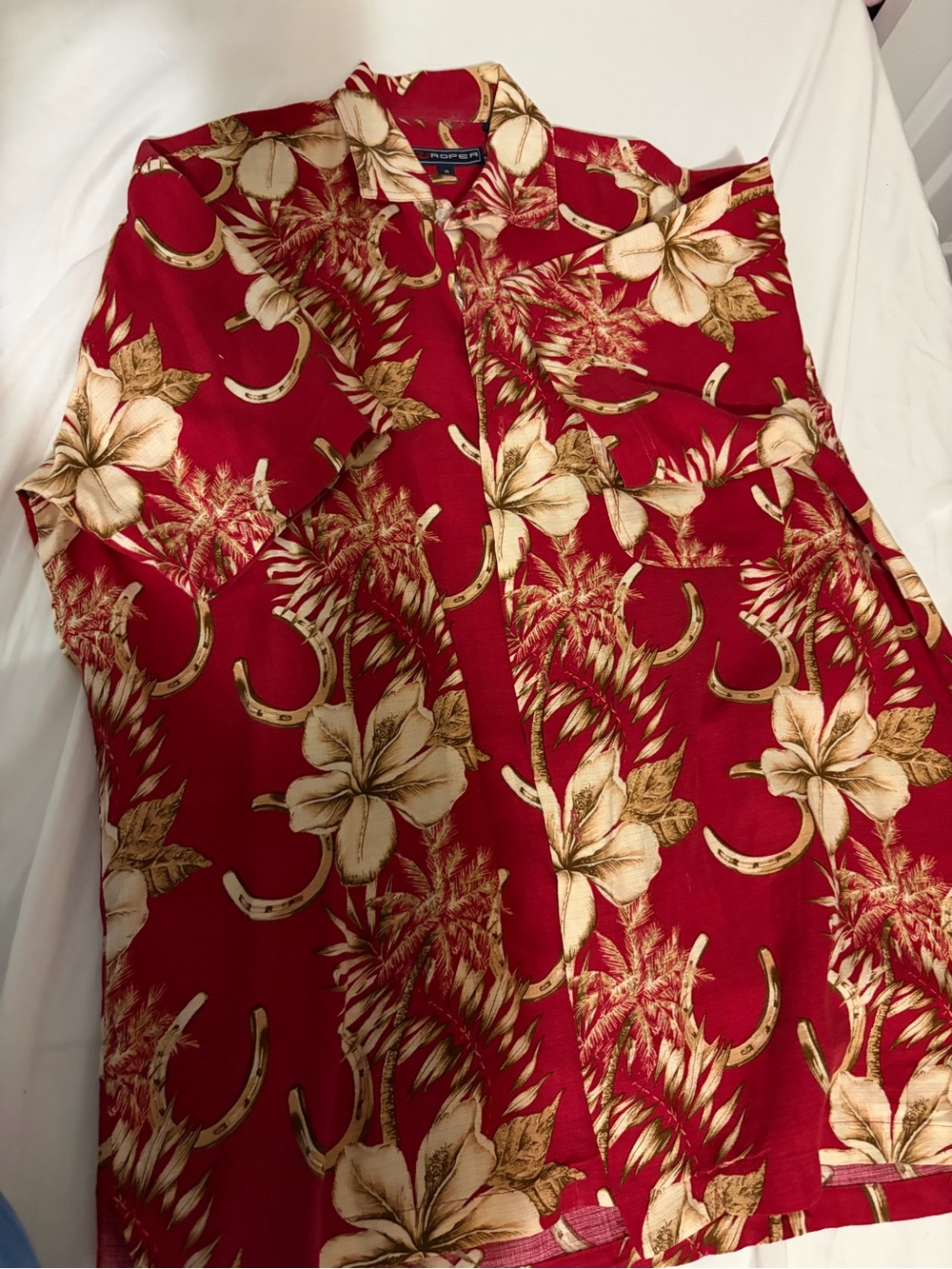 Roper Men’s Medium Western Cowboy Shirt Hawaiian Flowers & Horseshoes Button Dow